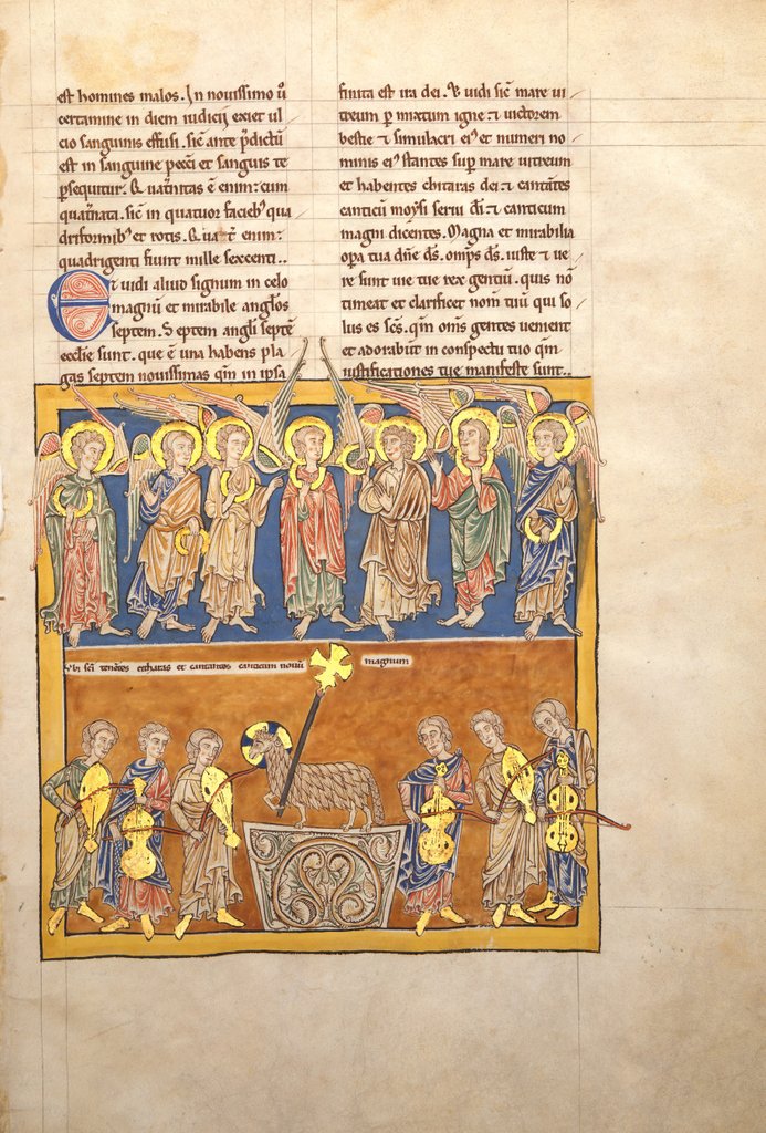 Detail of Leaf from a Beatus Manuscript: Seven Angels Hold the Cups of the Seven Last Plagues.., ca. 1180 by Unknown