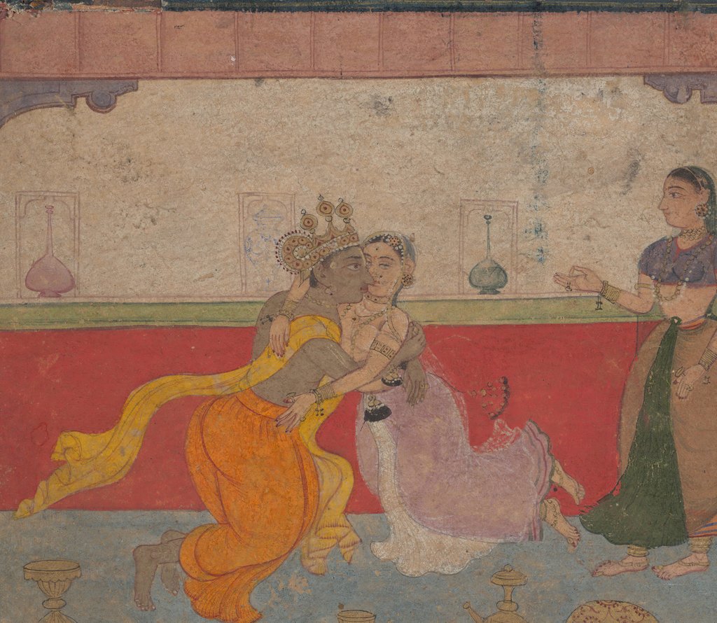 Detail of Krishna Kisses Radha: Page from the Boston Rasikapriya, ca.1610 by Unknown