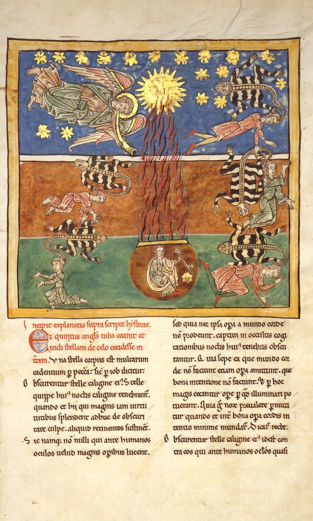 Detail of Leaf from a Beatus Manuscript: at the Clarion of the Fifth Angel's Trumpet…, ca. 1180 by Unknown