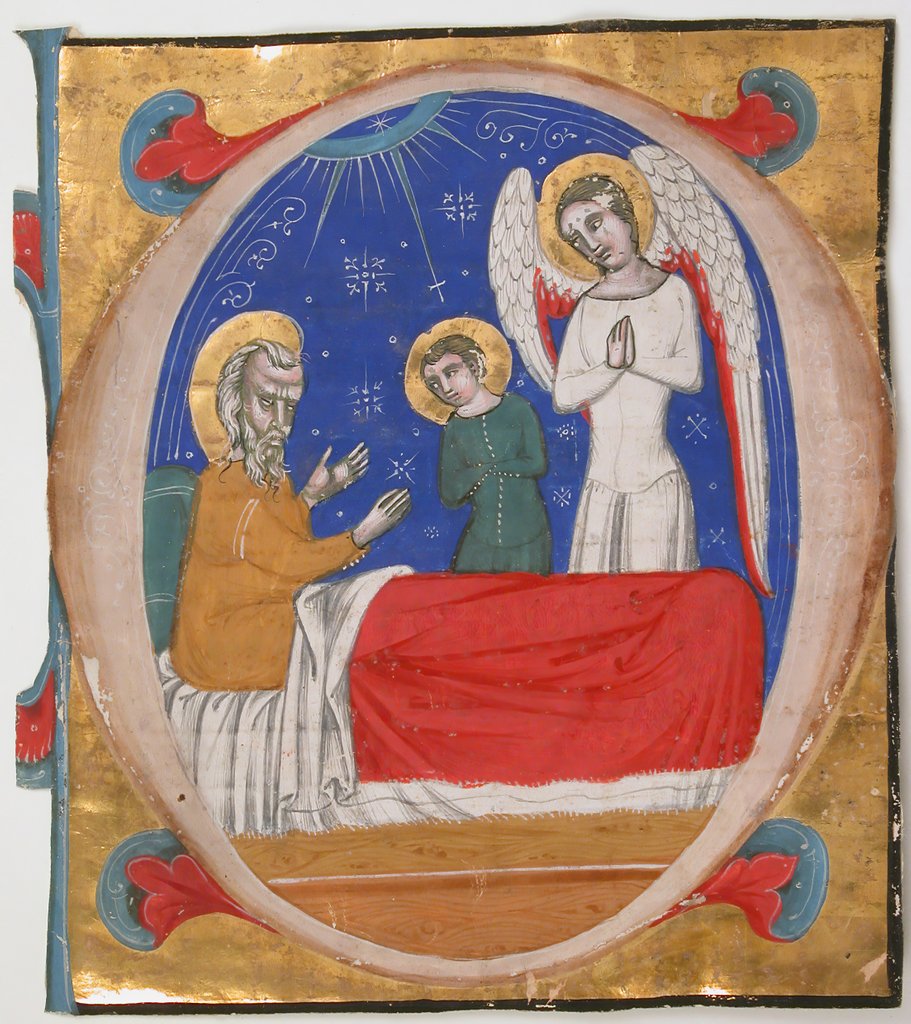 Detail of Manuscript Illumination with Tobit, Tobias, and the Archangel Raphael in an Initial O…, mid-14th c by Unknown