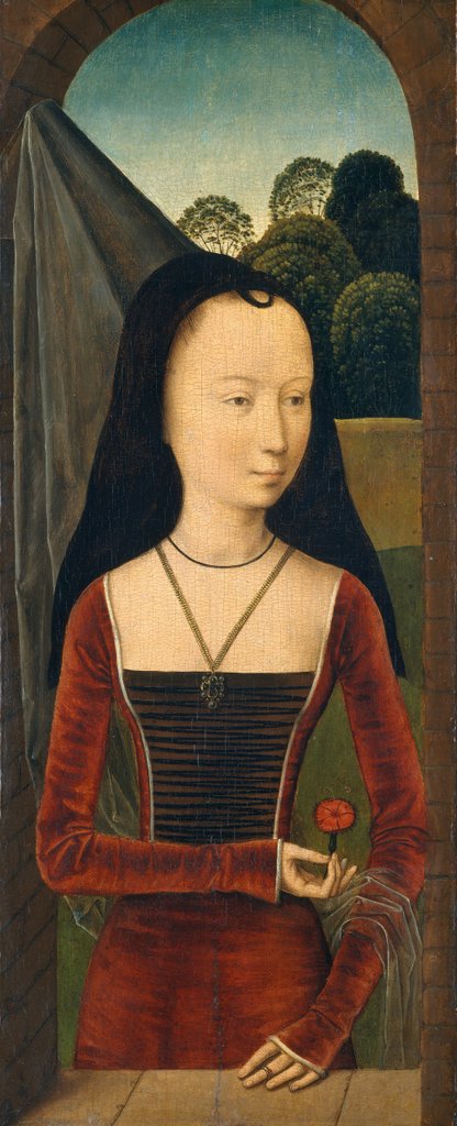 Detail of Young Woman with a Pink, ca. 1485-90 by Hans Memling