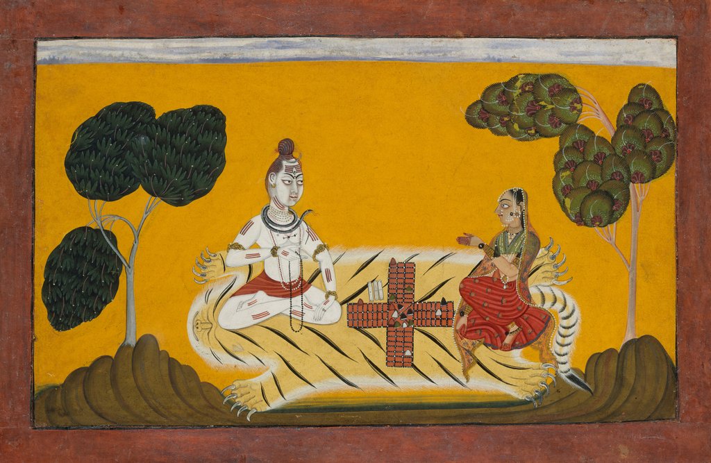 Detail of Shiva and Parvati Playing Chaupar: Folio from a Rasamanjari Series, dated 1694-95 by Devidasa of Nurpur