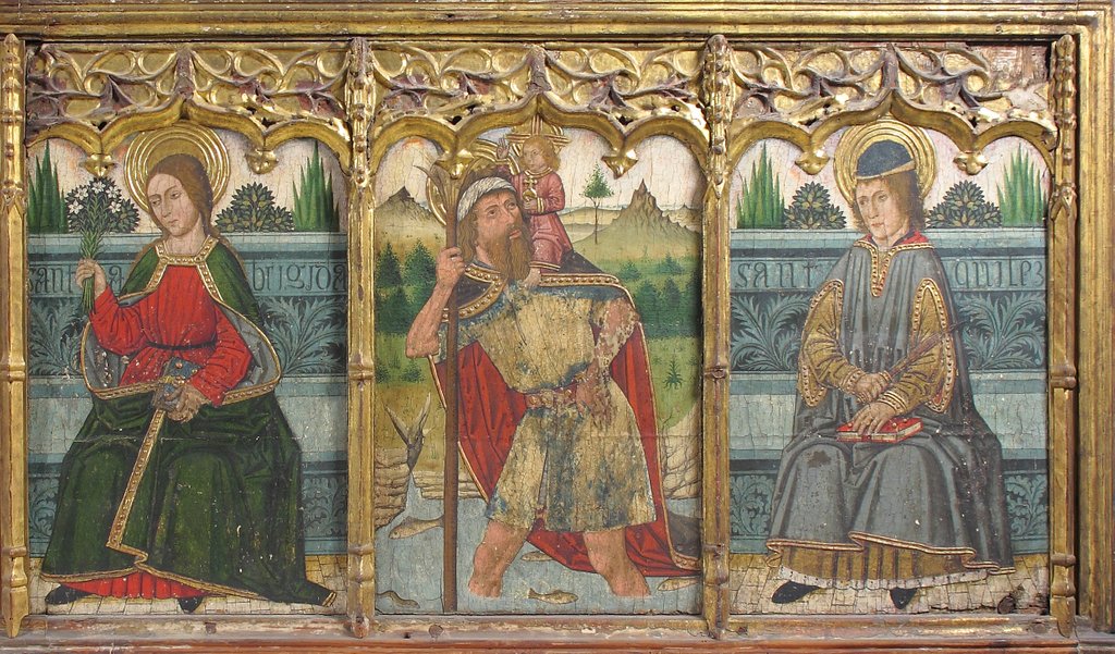 Detail of Predella pane with Saint Bridget, Saint Christopher, and Saint Kilian from Retable, 15th century by Domingo Ram