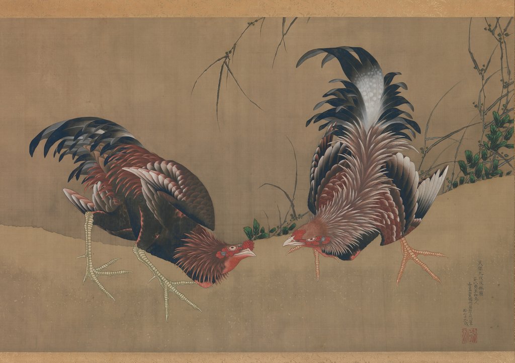 Detail of Gamecocks, dated 1838 by Hokusai
