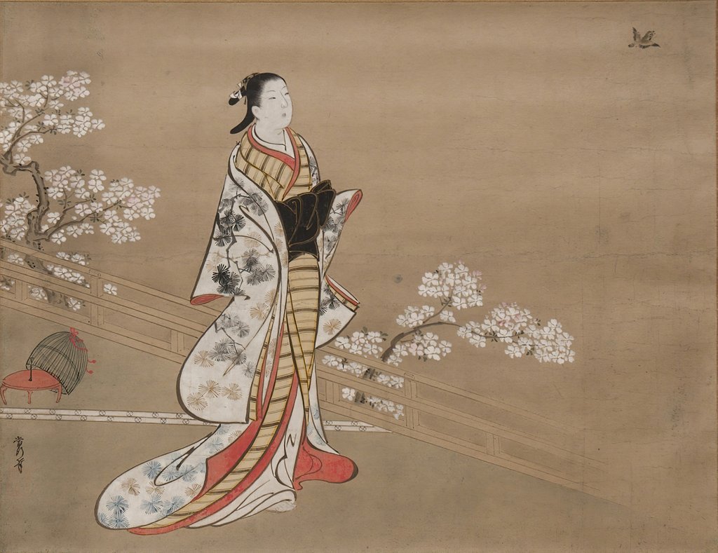 Detail of Parody of Murasaki, from 'Lavender', chapter 5 of the Tale of Genji, 18th century by Kawamata Tsuneyuki