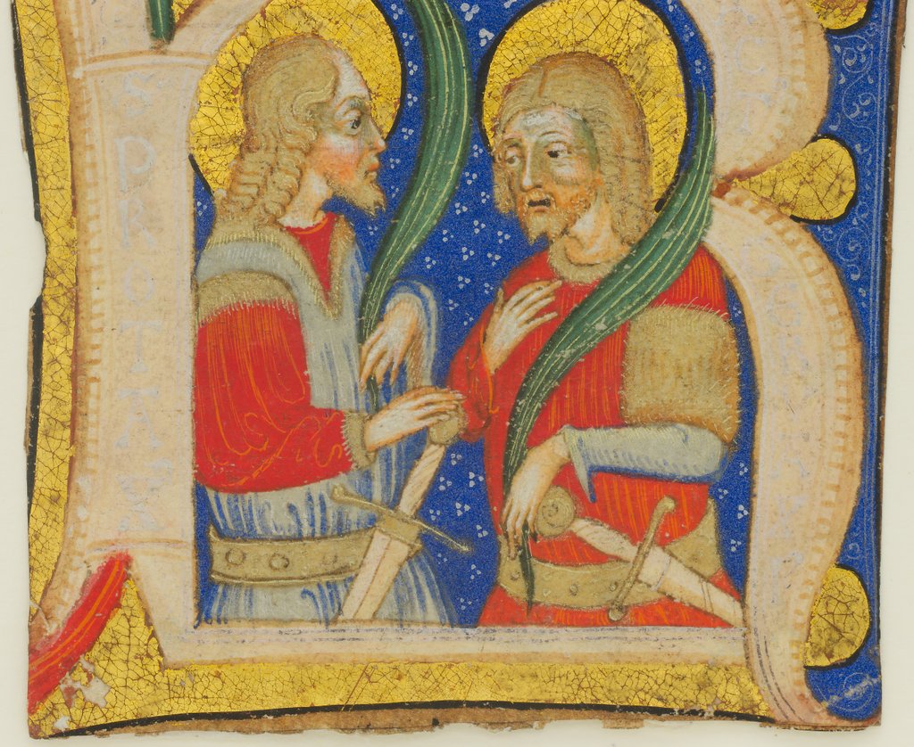 Detail of Manuscript Leaf Cutting Showing an Illumiated Initial R with St. Protasius and St. Gervasius, mid-15 by Olivetan Master