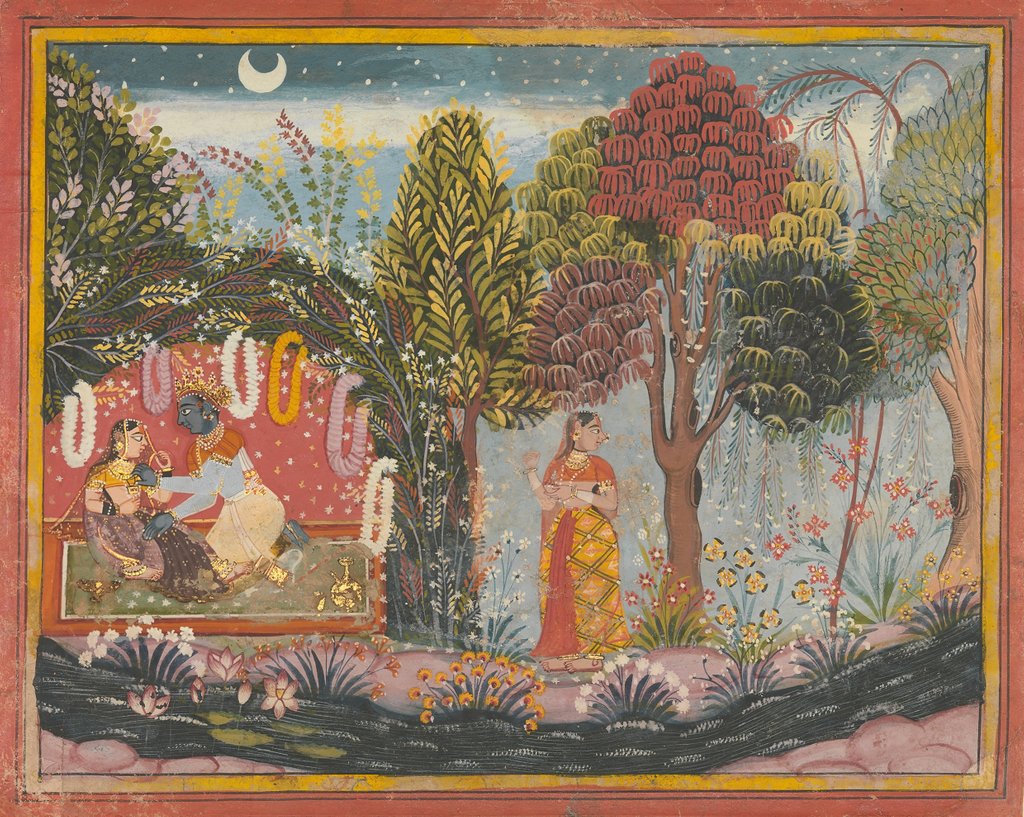 Detail of Krishna and Radha in a Bower: Page From a Dispersed Gita Govinda, ca. 1665 by Sahibdin