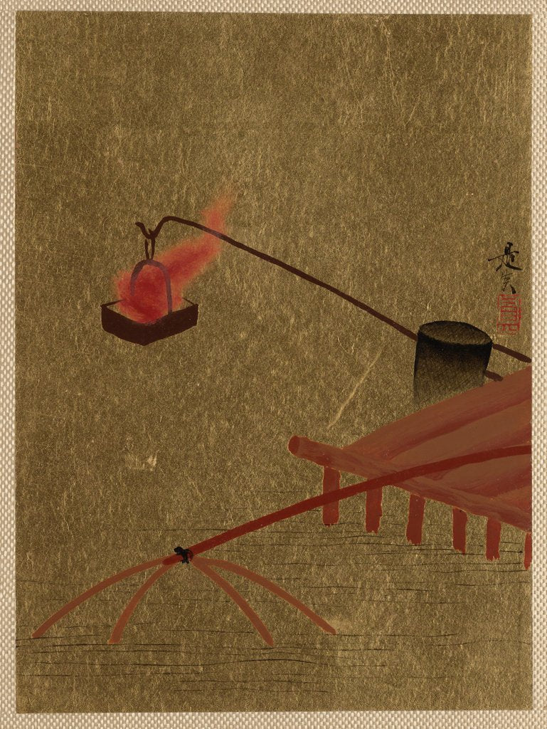 Detail of Fire Basket Suspended from Dock over a Fish Net in the Water by Shibata Zeshin