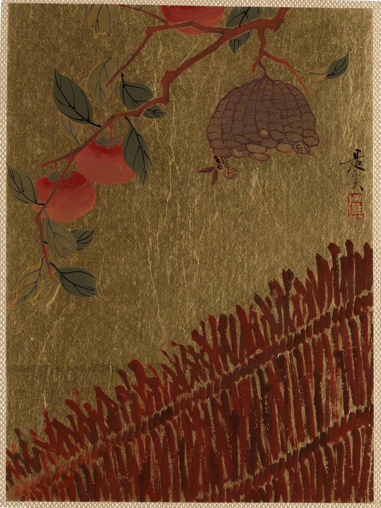 Detail of Persimmons Branch and Wasp Nest above a Hedge by Shibata Zeshin