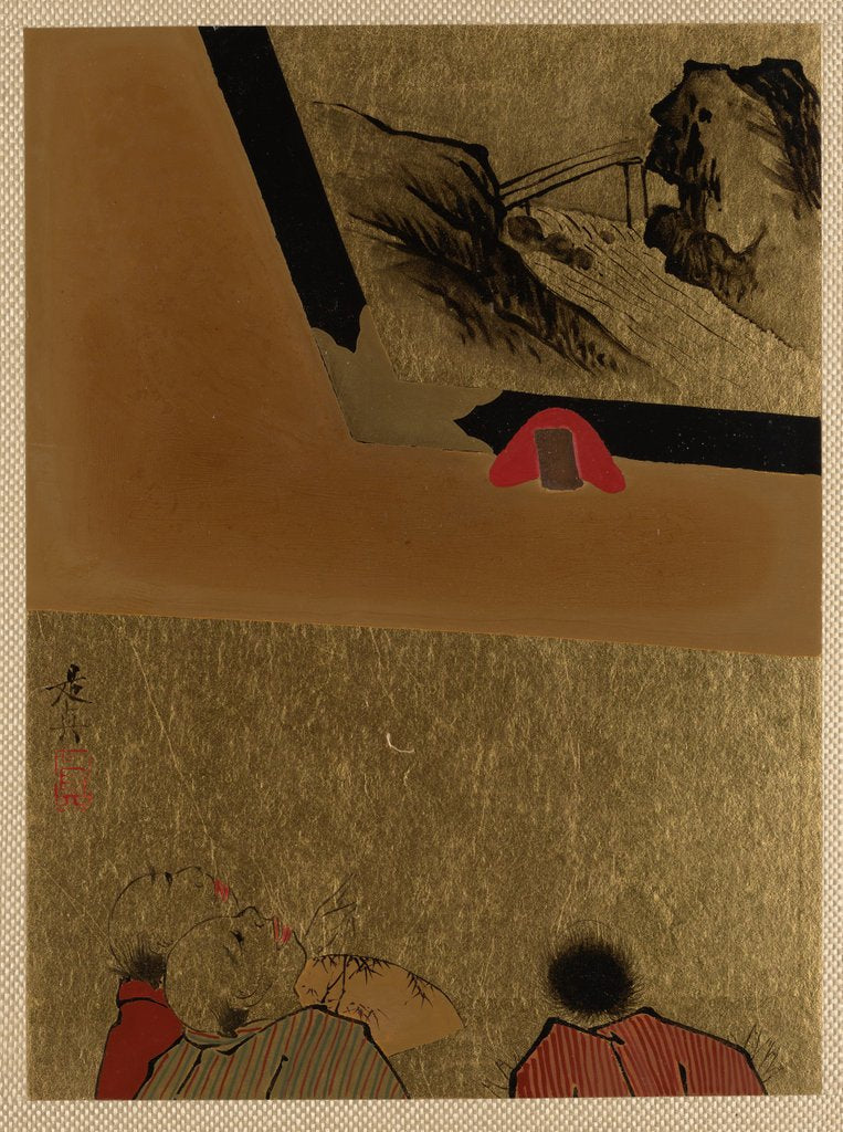Detail of Three Men Looking at Framed Lacquer Drawing by Shibata Zeshin