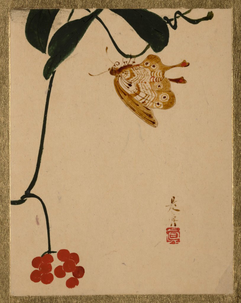 Detail of Red Berry Plant and Butterfly by Shibata Zeshin
