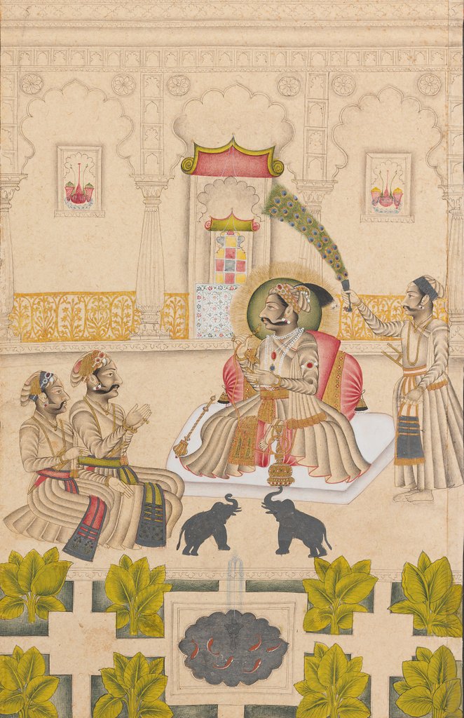 Detail of Maharana Amar Singh II Is Shown Two Silver Elephants, ca. 1705 by Stipple Master