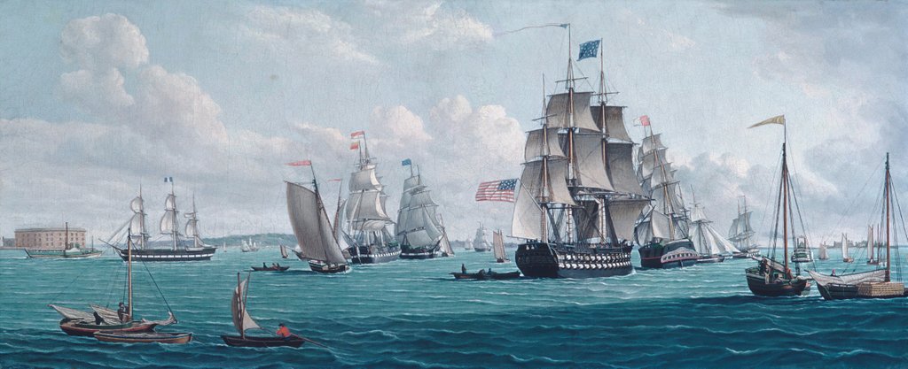Detail of The U. S. Ship Franklin, with a View of the Bay of New York, 1820s or 1830s by Thomas Thompson