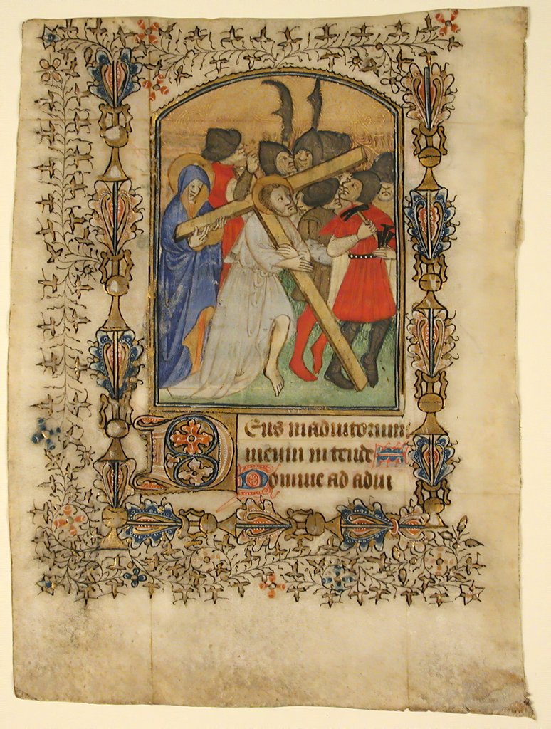 Detail of Manuscript Leaf from a Book of Hours… Illuminated Initial D and Christ Bearing the Cross, 1390-140 by Unknown