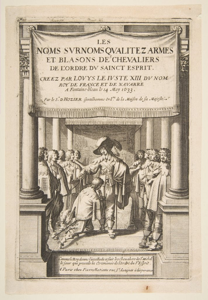Frontispiece to Pierre d'Hozier's 'Les noms surnoms qualitez armes et blasons des chevalie…, 1634 by Abraham Bosse