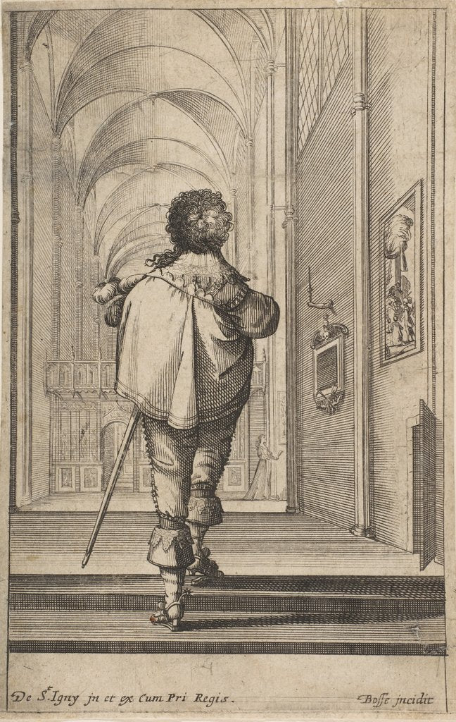 Detail of A gentleman seen from behind walking into a church, ca. 1629 by Abraham Bosse