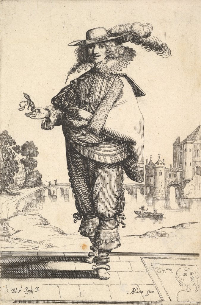 Detail of A gentleman standing in front of a large castle and wearing a plumed hat and a lace collar…, 1629 by Abraham Bosse
