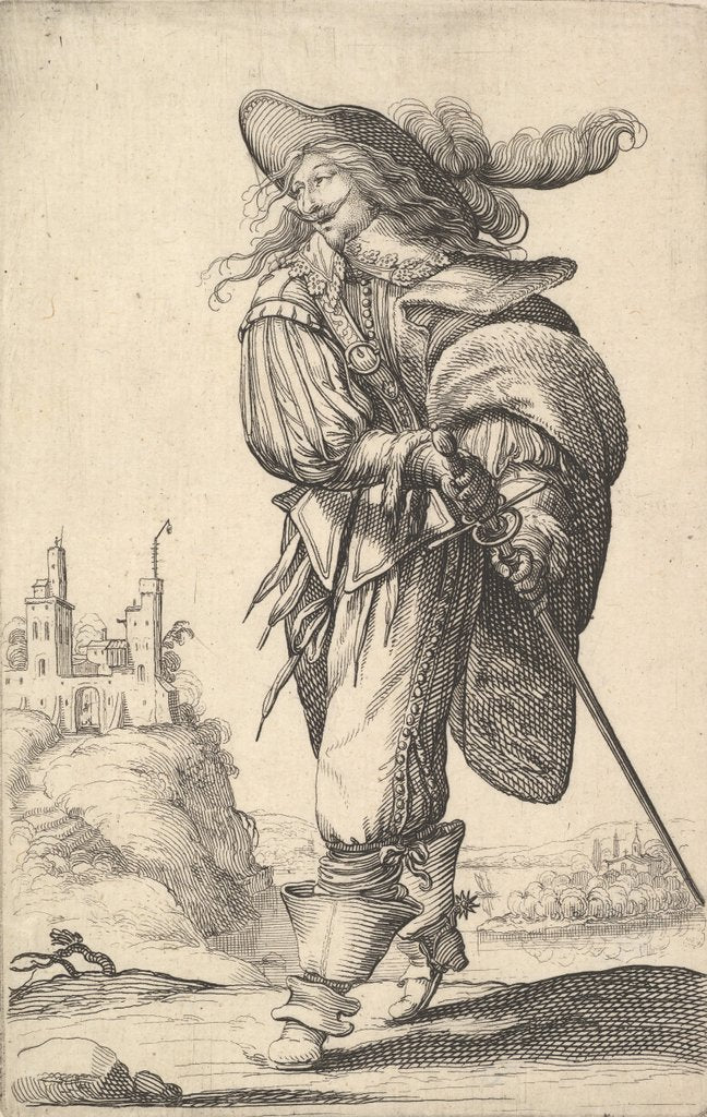 Detail of A gentleman, walking towards the left and drawing his sword from the sheath, wearing a plu…, 1629 by Abraham Bosse