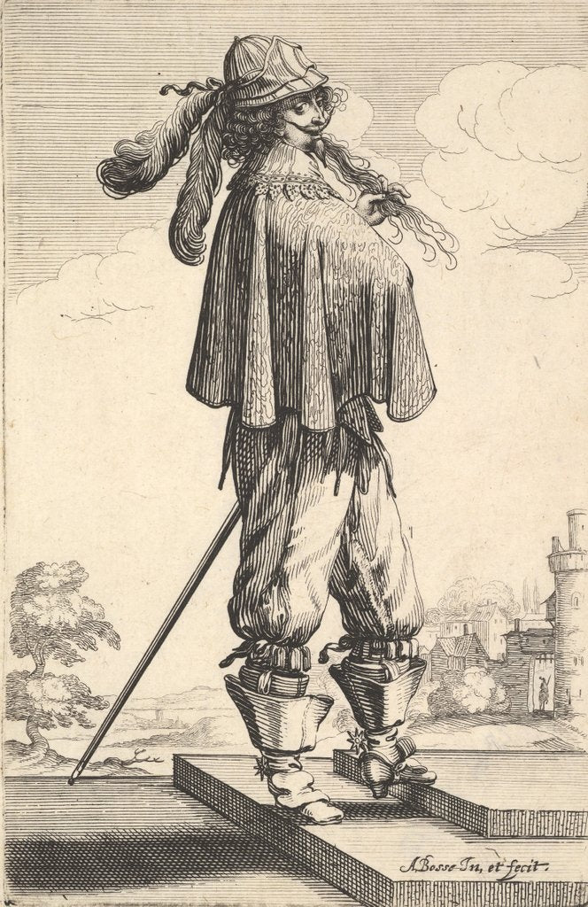 Detail of A gentleman wearing a short coat, a helmet, and boots with spurs, standing on the steps an…, 1629 by Abraham Bosse