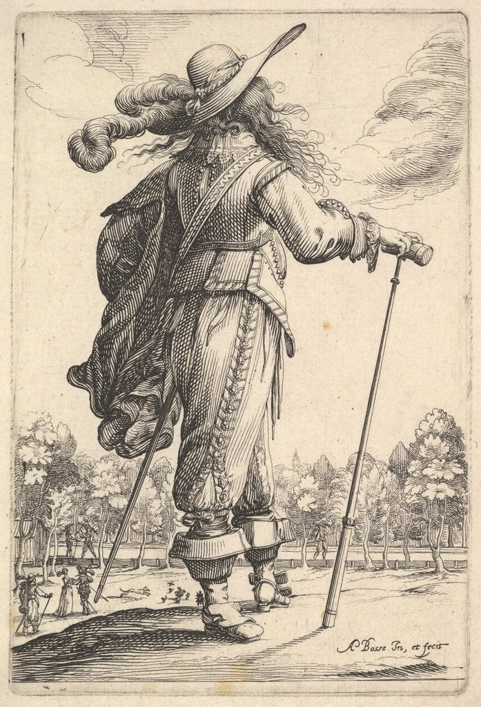 Detail of A gentleman, seen from behind, walking towards the right with a cane and wearing a plumed …, 1629 by Abraham Bosse