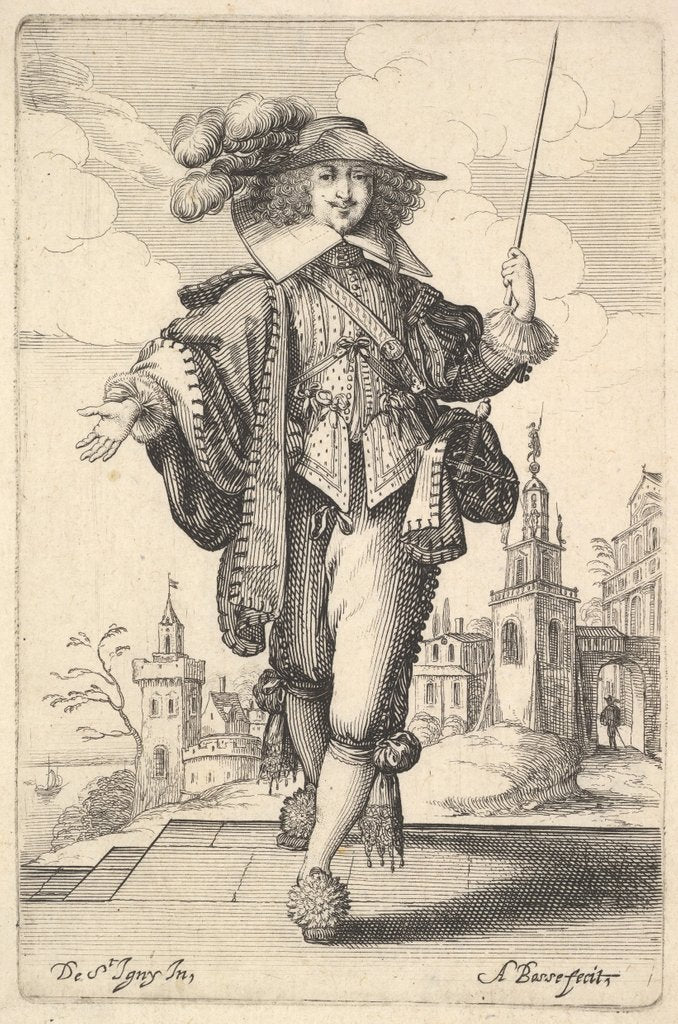 Detail of A gentleman walking forward, with his right arm outstretched and a whip in his left hand…, 1629 by Abraham Bosse
