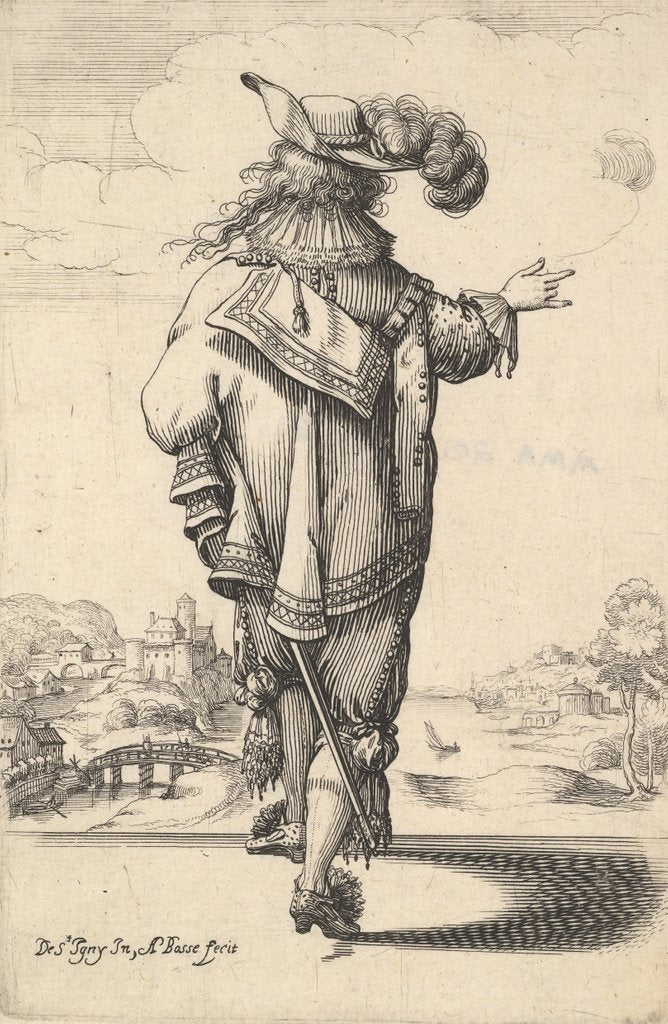 Detail of A gentleman wearing a plumed hat and carrying a sword, seen from behind, his right arm out…, 1629 by Abraham Bosse