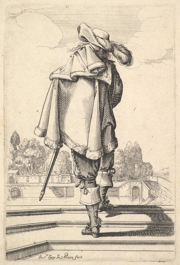 Detail of A gentleman, seen from behind, walking up a parapet, with a cloak over his left shoulder…, 1629 by Abraham Bosse