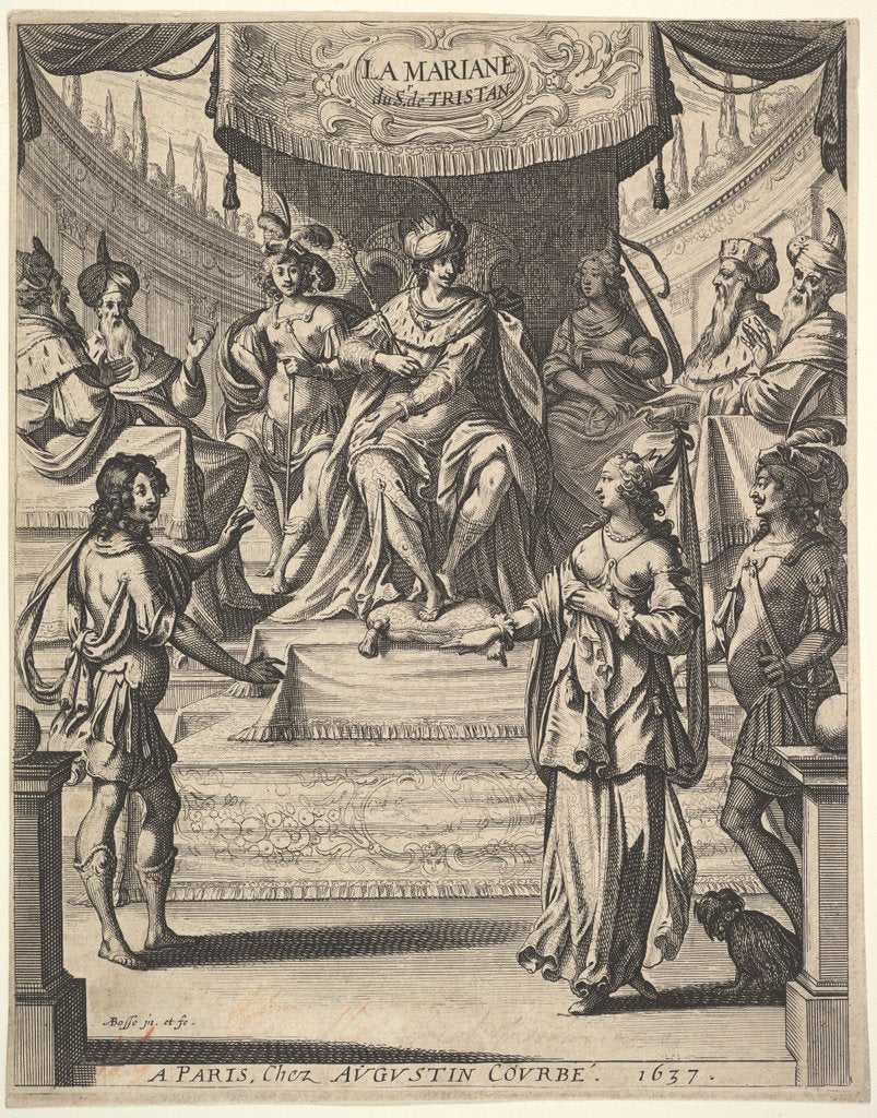 Detail of Frontispiece for 'Tristan L'Hermite': Marianne standing to right before Herod and his cour…, 1637 by Abraham Bosse