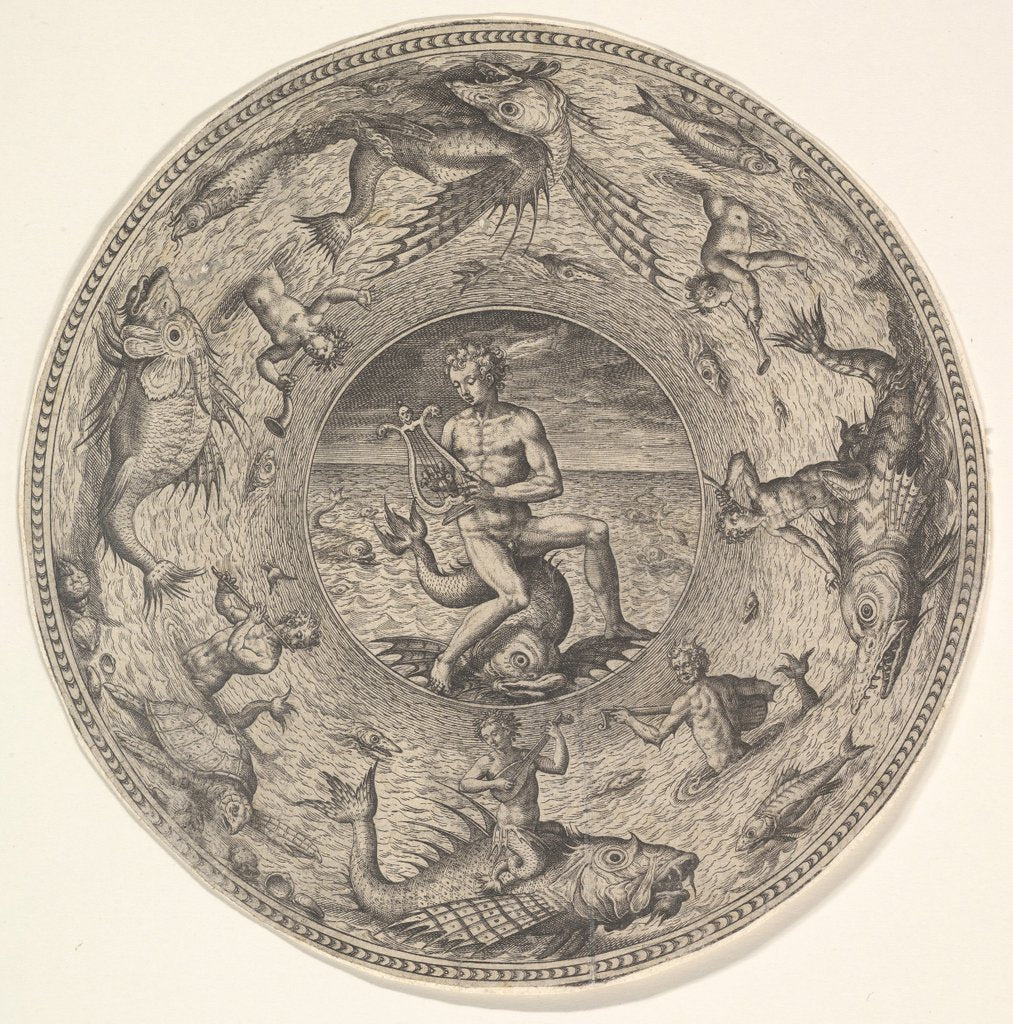 Detail of Arion on a Dolphin surrounded by a Border decorated with Sea Creatures, from a Set of…, 1580-1600 by Adriaen Collaert