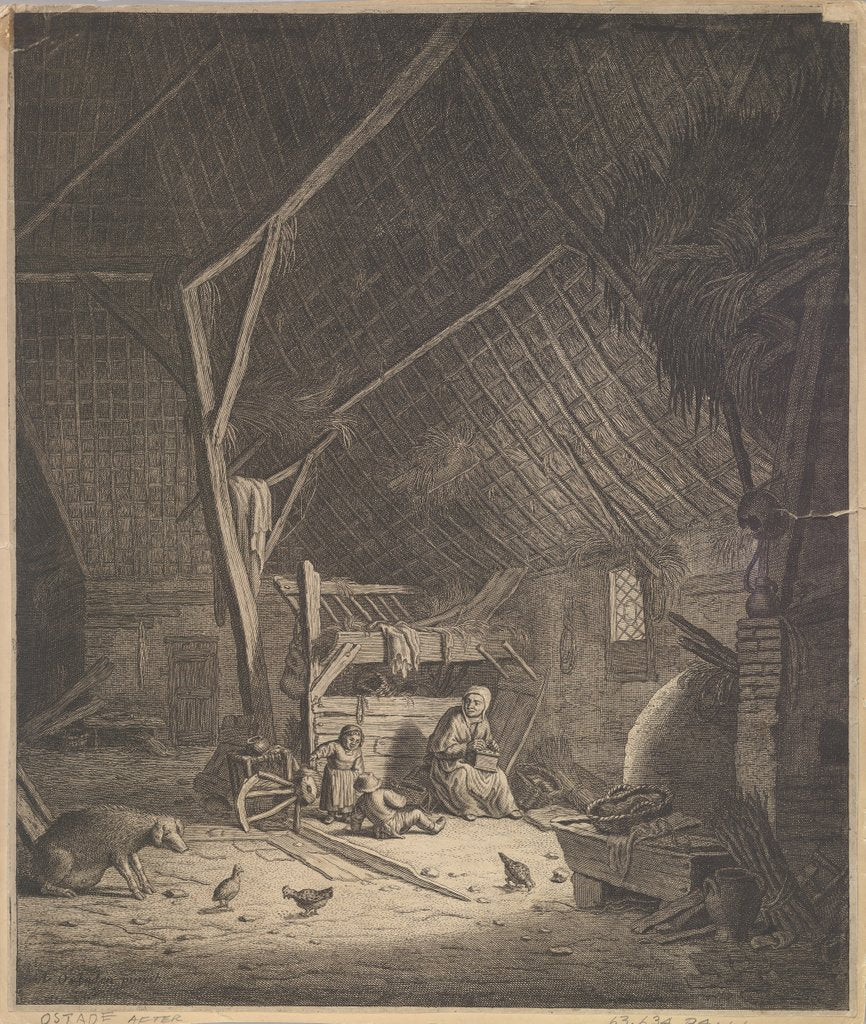 Detail of Interior of a Barn with Mother and Two Children, Right in Front a Pig, 17th century by Jacob Louys