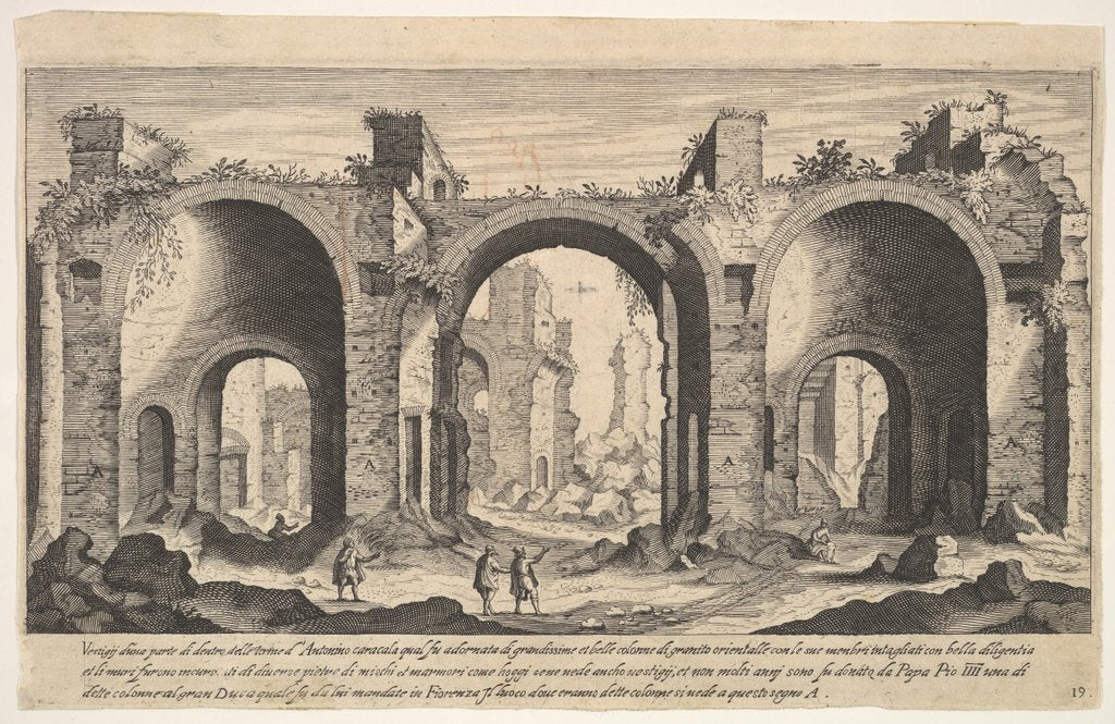 Detail of Plate 19: view of the Baths of Caracalla, indicating with inscribed letter 'A' the places …, 1606 by Aegidius Sadeler II