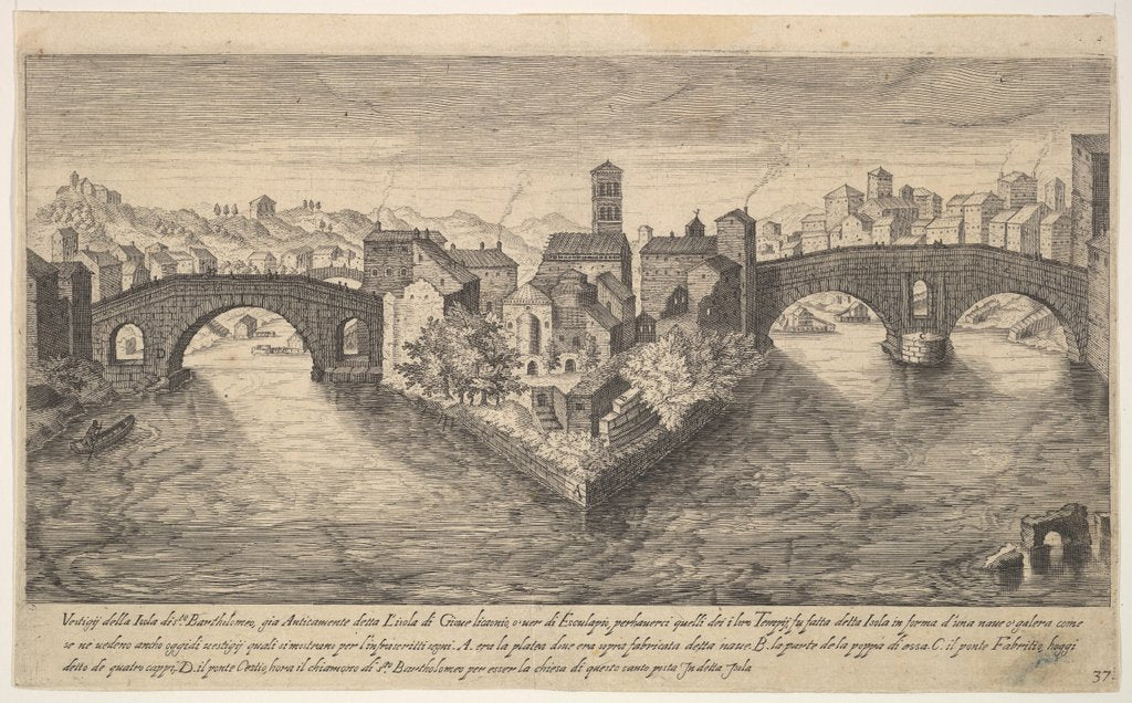 Detail of Plate 37: view of the church of San Bartolomeo all'Isola on Tiber Island, Rome, flanked by…, 1606 by Aegidius Sadeler II