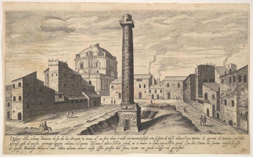 Detail of Plate 31: view of the column of Trajan, shown with its pedestal dug out from the earth, su…, 1606 by Aegidius Sadeler II