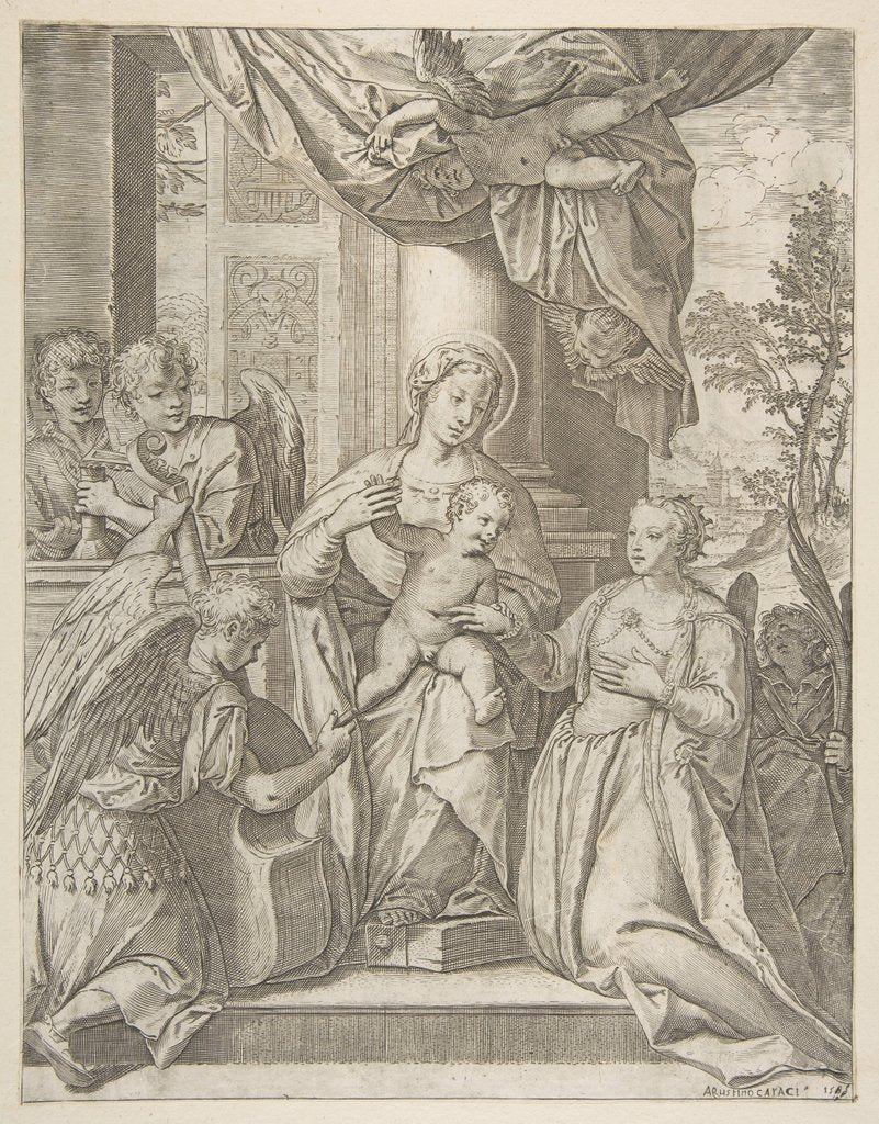 Detail of The mystic marriage of Saint Catherine who sits at center with the Christ child, angels wi…, 1585 by Agostino Carracci