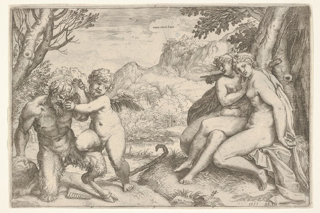 Detail of Love Conquers All, in a struggle with a satyr Amor places his right kn…, 1599 by Agostino Carracci