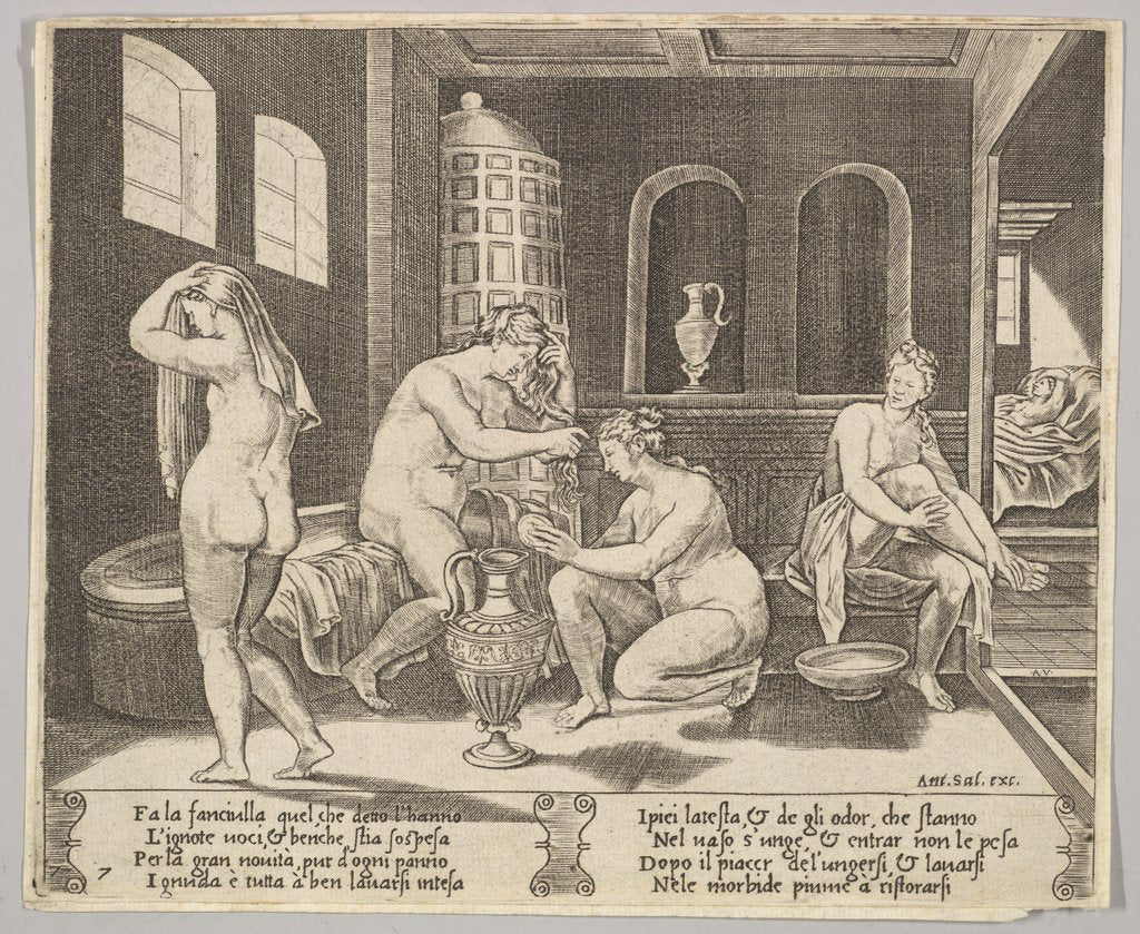 Detail of Plate 7: Psyche attended in her bath by nymphs, in the background right Psyche repr…, ca. 1520-36 by Agostino Veneziano