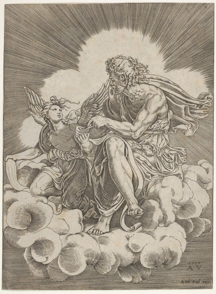 Detail of St. Matthew, seated on a cloud and dipping a quill into an inkwell held by an angel…, ca. 1518-20 by Agostino Veneziano