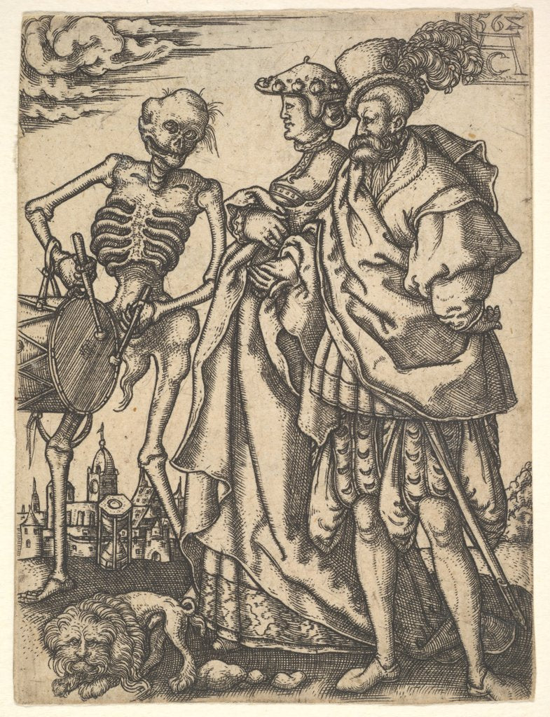 Detail of Couple and Death with a Drum, from The Dance of Death by Allaert Claesz