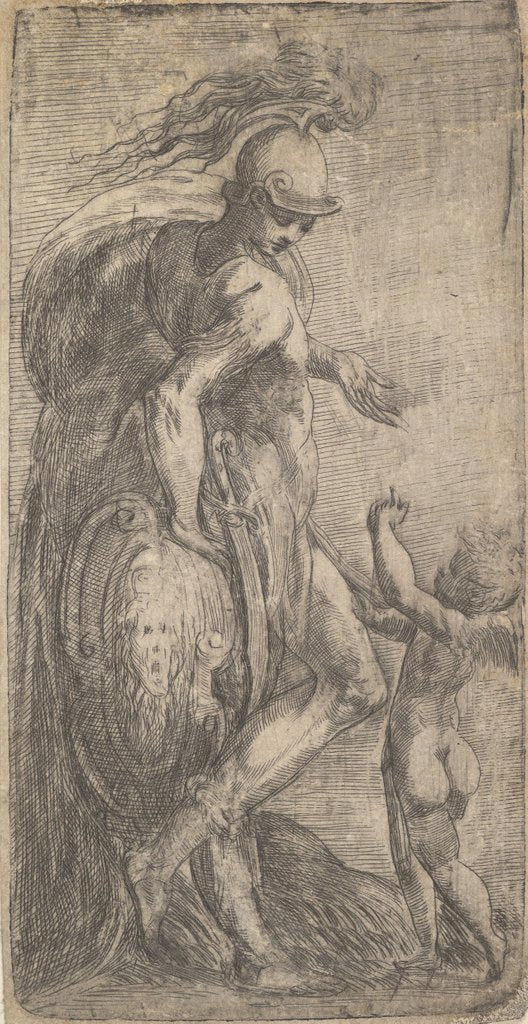 Detail of Mars standing at the left leaning on a shield, Cupid at the right, ca. 1542-46 by Andrea Schiavone
