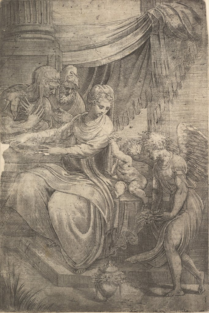 Detail of The Holy Family, an angel holding flowers approaching from the right, ca. 1550-53 by Andrea Schiavone