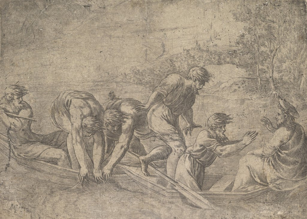 Detail of The miraculous draught of the fishes, Christ at the right accompanied by apostles in…, ca.1548-52 by Andrea Schiavone