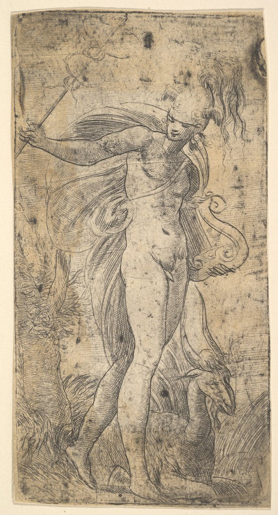 Detail of Mercury standing holding a cadecus in his right hand, a lyre in his left, ca. 1536-40 by Andrea Schiavone