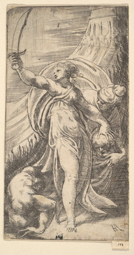 Detail of Judith her sword raised in her right hand, placing the head of Holofernes in the sa…, ca. 1542-45 by Andrea Schiavone