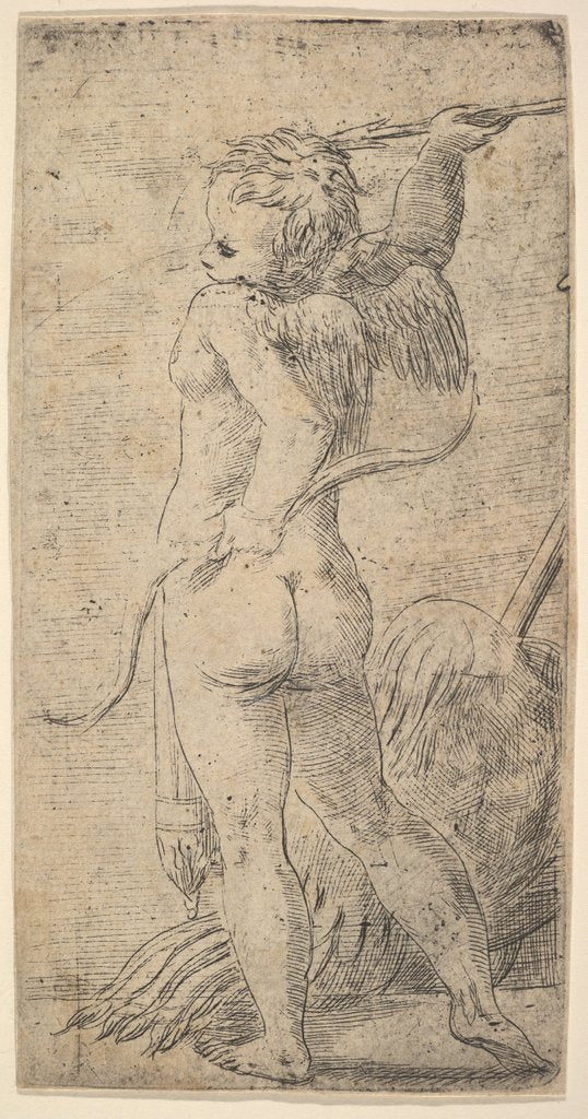 Detail of Cupid viewed from behind with an arrow in his raised right hand, ca. 1543-45 by Andrea Schiavone