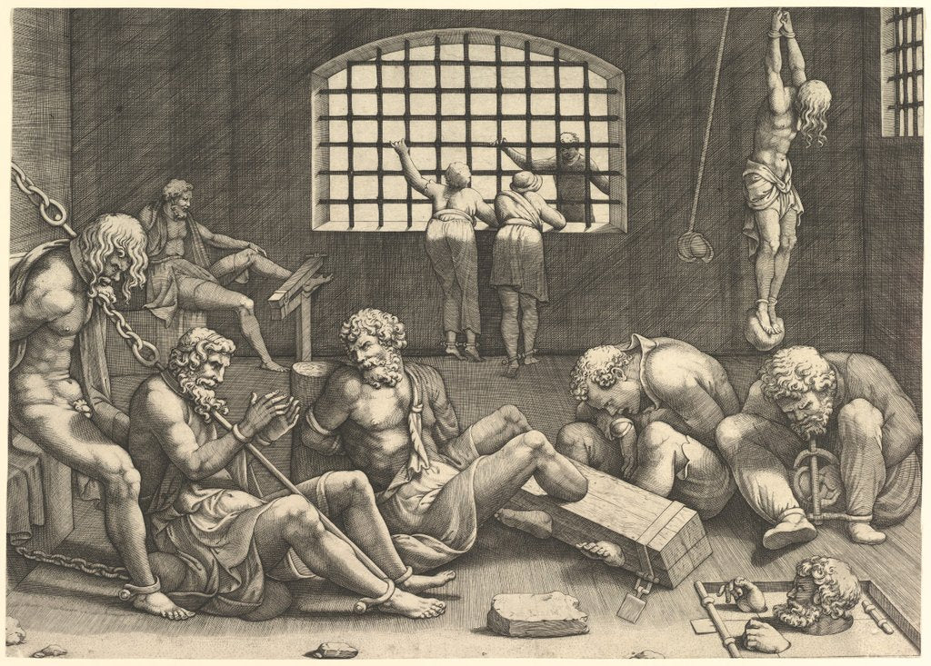 Detail of The Prison; a group of men in a dungeon bound in chains and shackles; to the right a figur… by Unknown