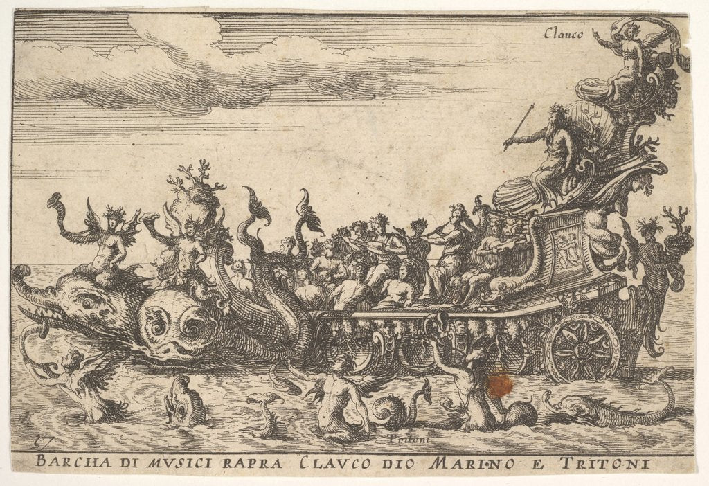 Detail of Plate 16: Ship of musicians with the sea god Claucus and triton by Unknown