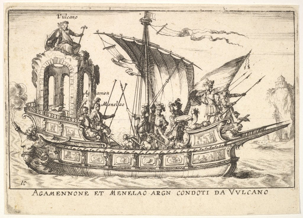 Detail of Plate 10: Agamemnon and Menelaus seated in a boat accompanied by other figures including V…, 1664 by Unknown