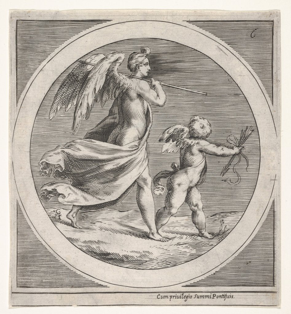 Detail of Winged female figure, draped and carrying a staff, striding behind a winged putto…, ca. 1550-1600 by Unknown