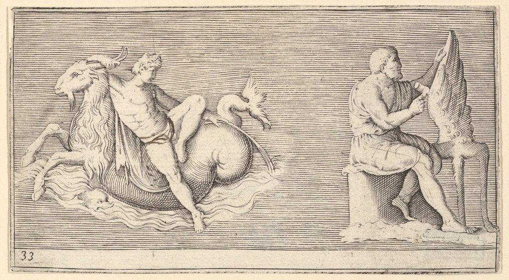 Detail of Figure on Seagoat; Man Carving Wing, published ca. 1599-1622 by Unknown