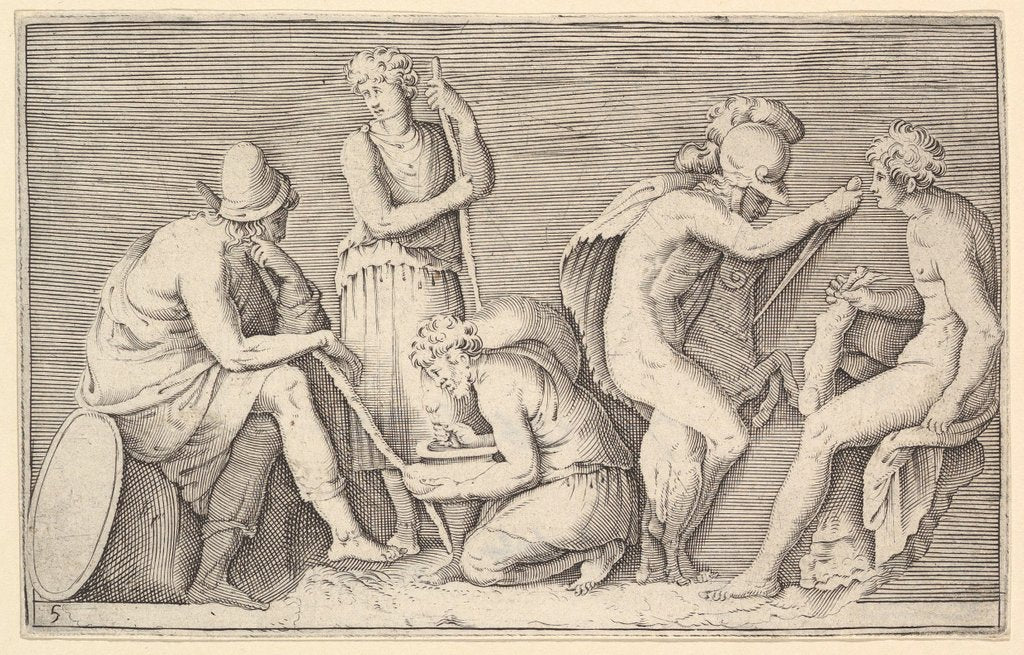 Detail of Scene of Sacrifice with Warrior Killing Ram and Four Other Figures, published ca. 1599-1622 by Unknown